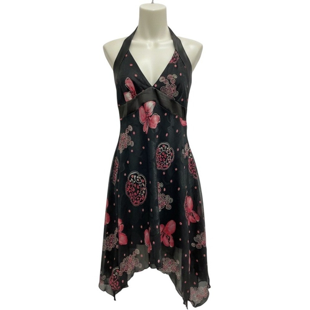 Y2K VTG Jump Halter Dress Womens Medium Black Pink Floral Handkerchief Hem Fairy